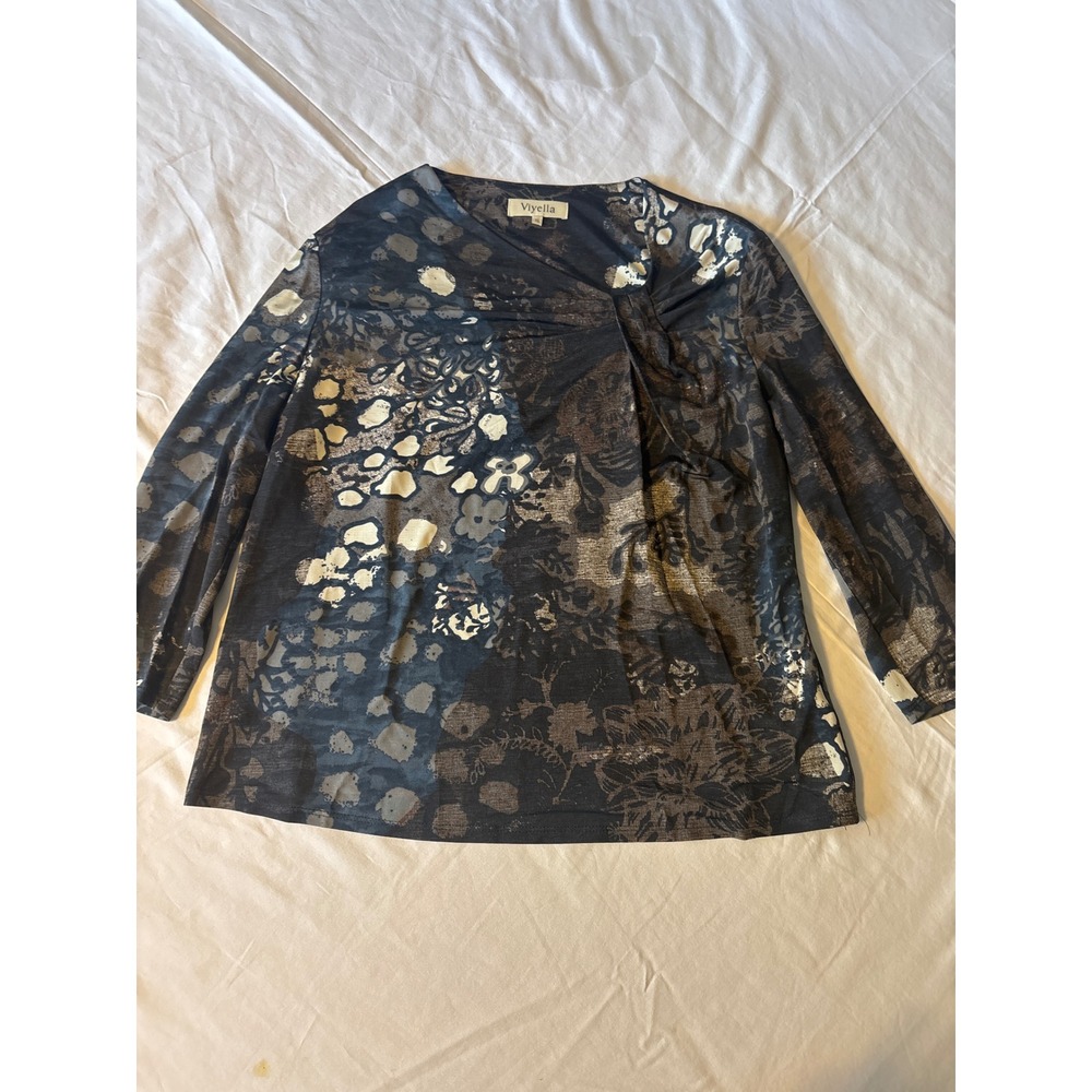 Viyella Top Womens XL Navy Grey Floral Draped Knot Neck Excellent Long Sleeve